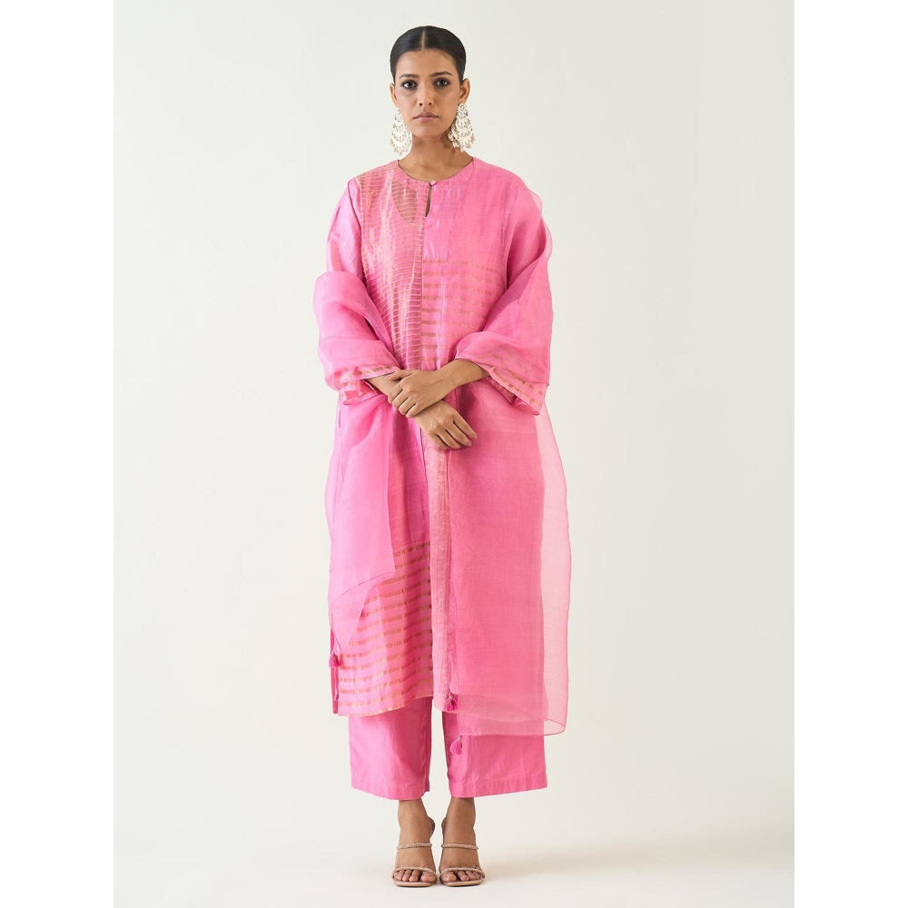Shivani Bhargava Pink Kaya Zari Stripe and Silk Patch Kurta with Pant and Dupatta (Set of 3)