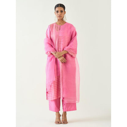 Shivani Bhargava Pink Kaya Zari Stripe and Silk Patch Kurta with Pant and Dupatta (Set of 3)