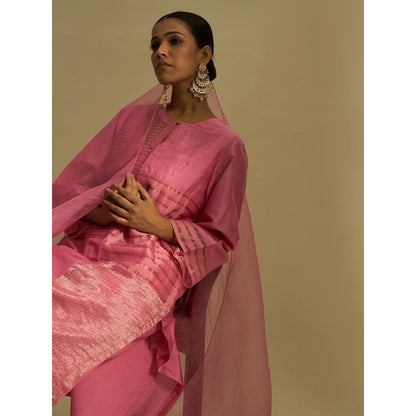 Shivani Bhargava Pink Kaya Zari Stripe and Silk Patch Kurta with Pant and Dupatta (Set of 3)