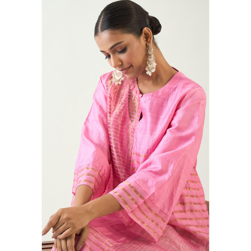 Shivani Bhargava Pink Kaya Zari Stripe and Silk Patch Kurta with Pant and Dupatta (Set of 3)