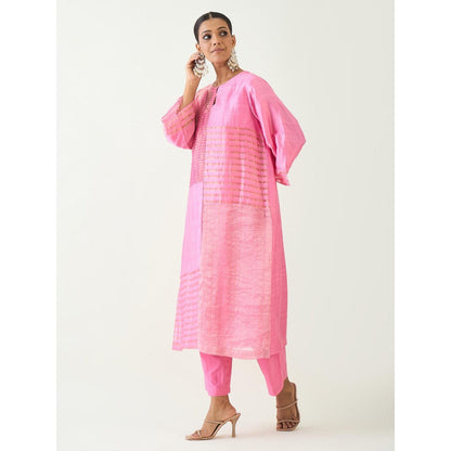 Shivani Bhargava Pink Kaya Zari Stripe and Silk Patch Kurta with Pant and Dupatta (Set of 3)