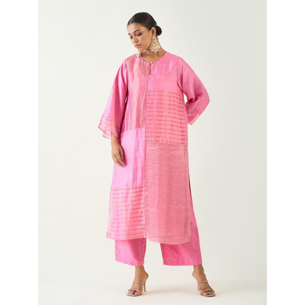 Shivani Bhargava Pink Kaya Zari Stripe and Silk Patch Kurta with Pant and Dupatta (Set of 3)