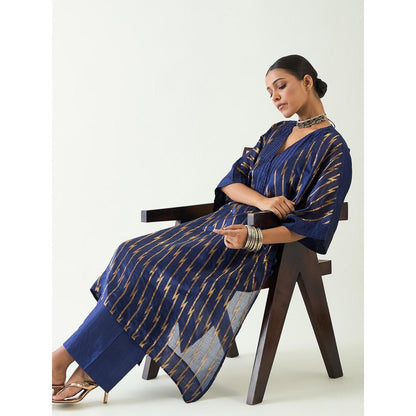 Shivani Bhargava Damani Blue Silk Weave Kimono Kurta with Pant (Set of 2)