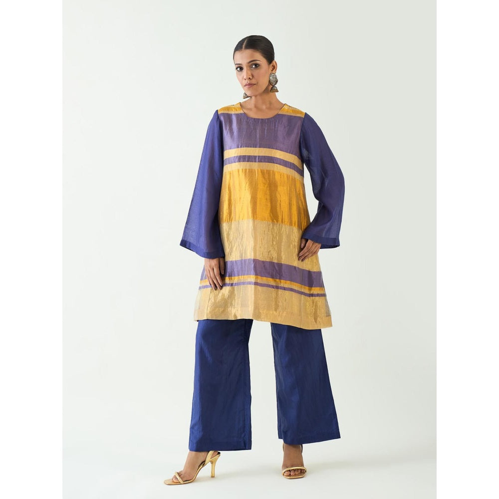 Shivani Bhargava Blue Mira Silk Stripe Tissue Kurti with Pant and Dupatta (Set of 3)