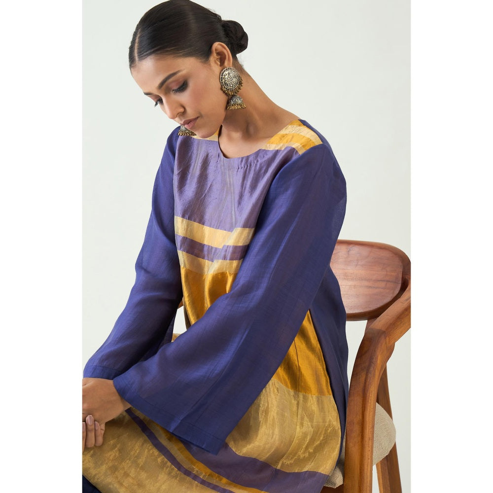 Shivani Bhargava Blue Mira Silk Stripe Tissue Kurti with Pant and Dupatta (Set of 3)