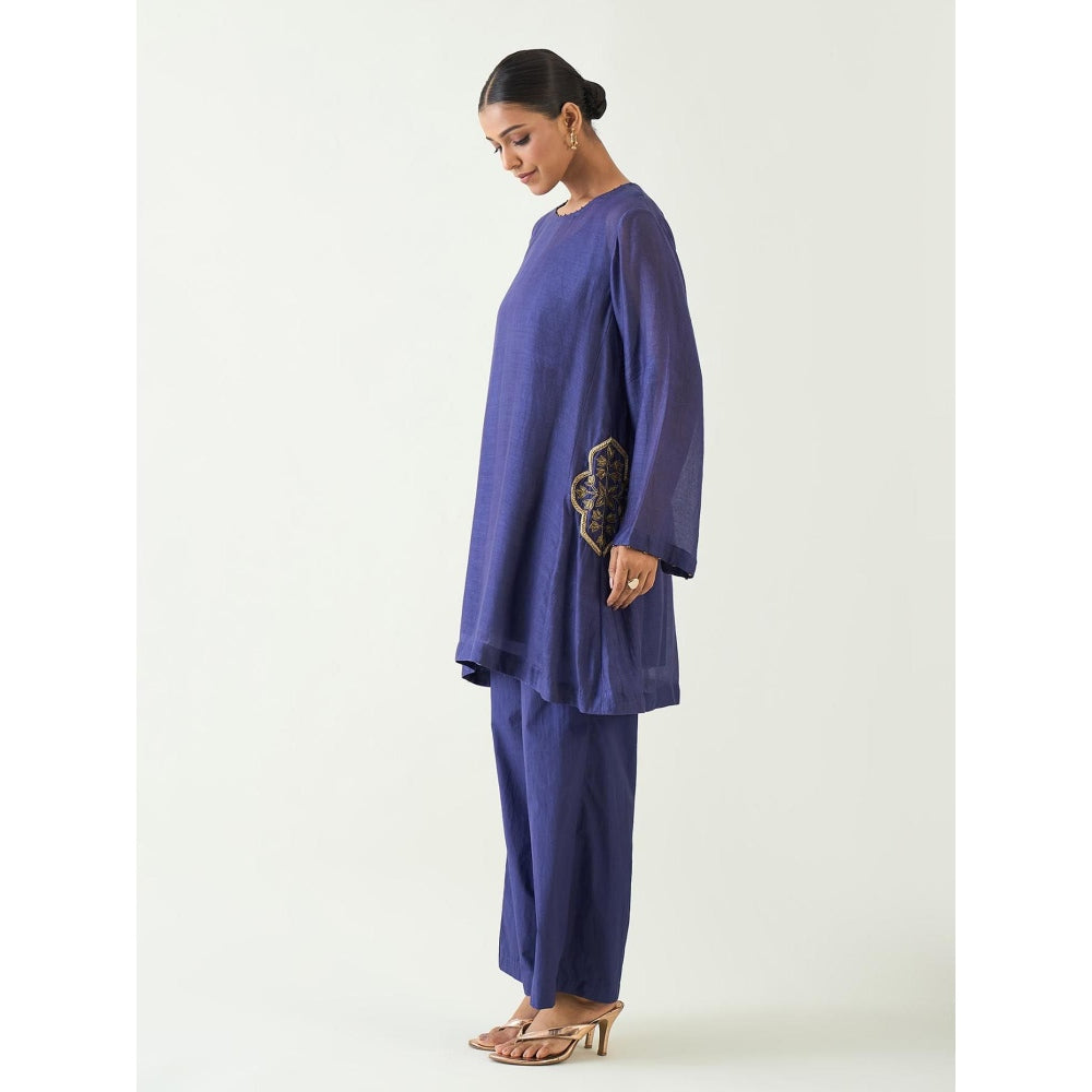 Shivani Bhargava Blue Siya Cotton Silk Embroidered Pocket Kurta with Pant (Set of 2)