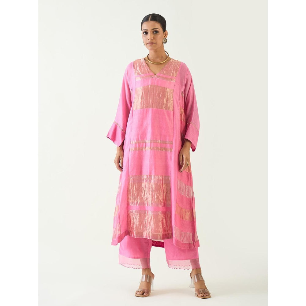 Shivani Bhargava Pink Mira Silk Stripe Tissue Kurta with Pant and Dupatta (Set of 3)