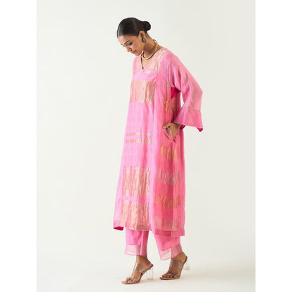 Shivani Bhargava Pink Mira Silk Stripe Tissue Kurta with Pant and Dupatta (Set of 3)