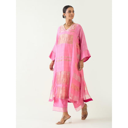 Shivani Bhargava Pink Mira Silk Stripe Tissue Kurta with Pant and Dupatta (Set of 3)