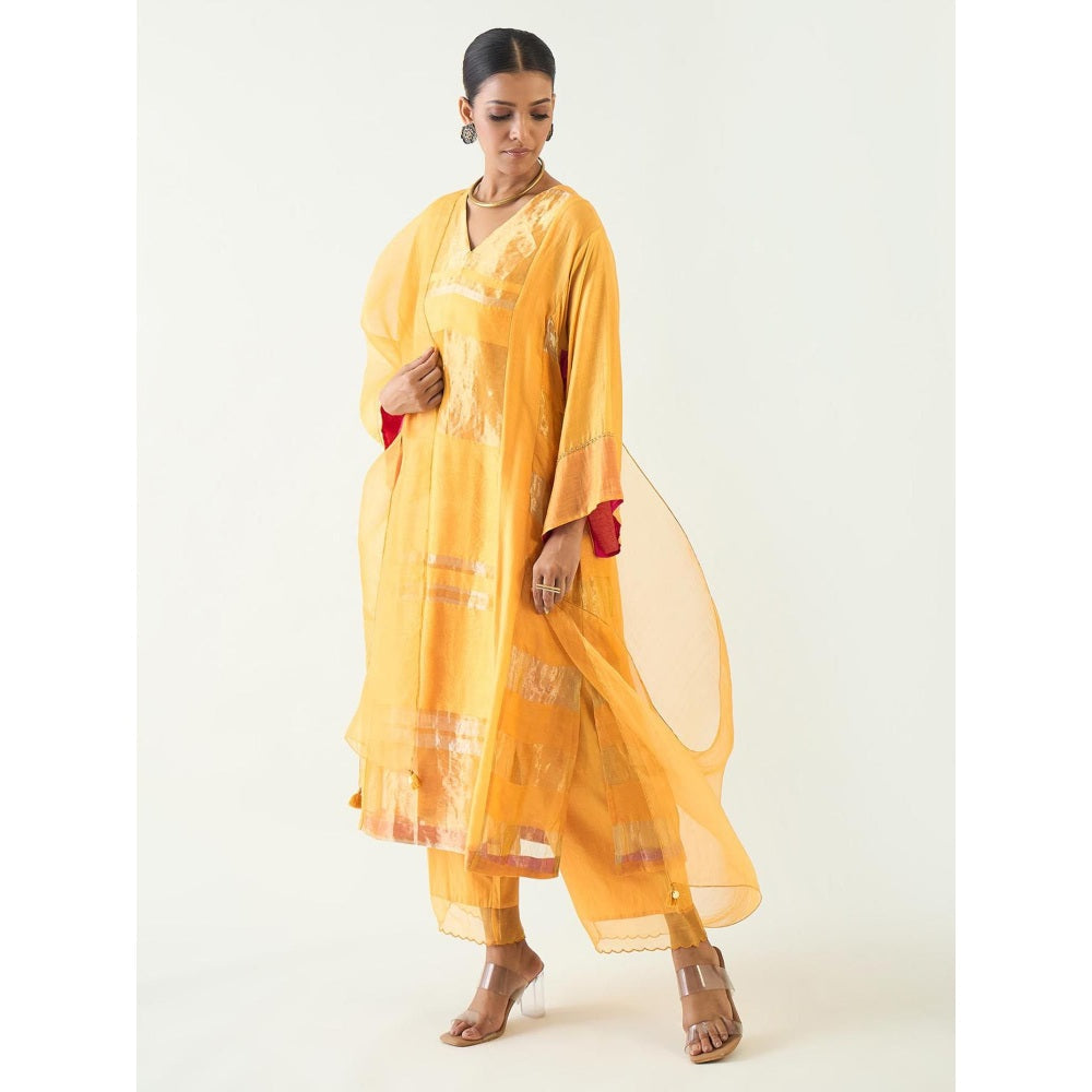 Shivani Bhargava Yellow Mira Silk Stripe Tissue Kurta with Pant and Dupatta (Set of 3)