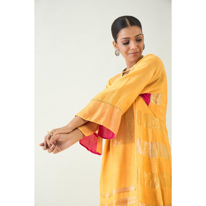 Shivani Bhargava Yellow Mira Silk Stripe Tissue Kurta with Pant and Dupatta (Set of 3)