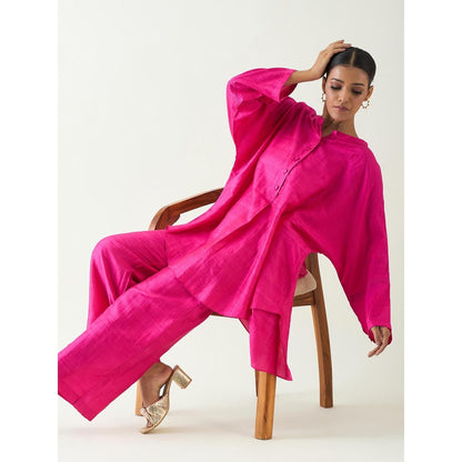 Shivani Bhargava Pink Ira Silk Kimono Kurta with Pant (Set of 2)
