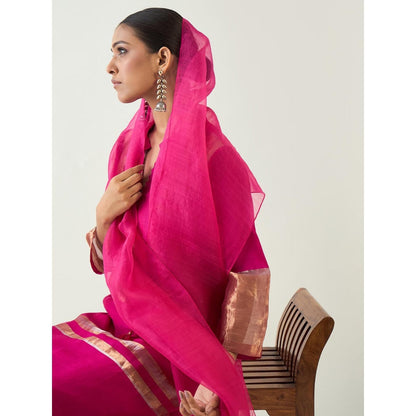 Shivani Bhargava Pink Mira Silk Stripe Tissue Straight Kurta with Pant and Dupatta (Set of 3)