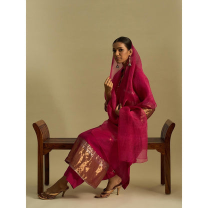 Shivani Bhargava Pink Mira Silk Stripe Tissue Straight Kurta with Pant and Dupatta (Set of 3)