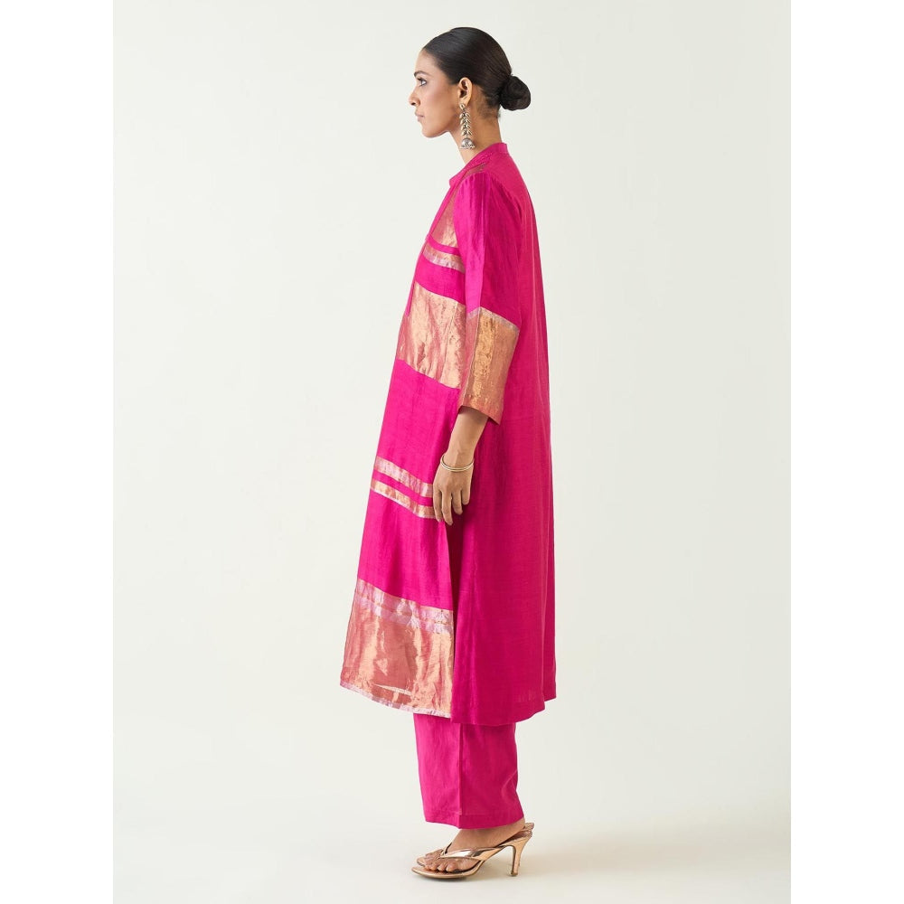 Shivani Bhargava Pink Mira Silk Stripe Tissue Straight Kurta with Pant and Dupatta (Set of 3)