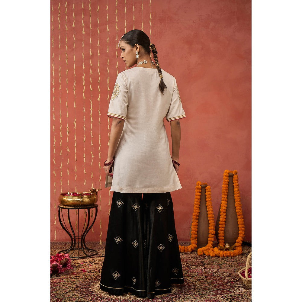 Shivani Bhargava Roli Ivory Silk Embroidered Short Kurta with Sharara and Dupatta (Set of 3)
