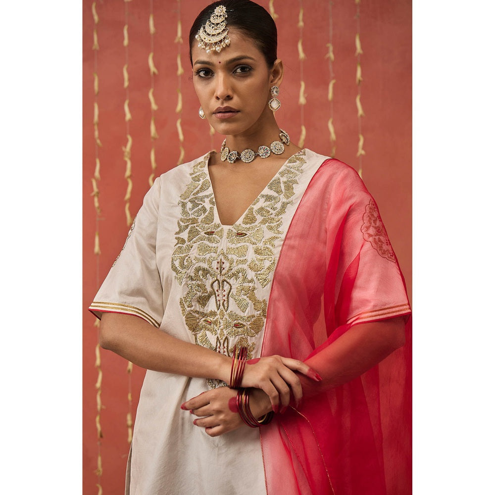 Shivani Bhargava Roli Ivory Silk Embroidered Short Kurta with Sharara and Dupatta (Set of 3)