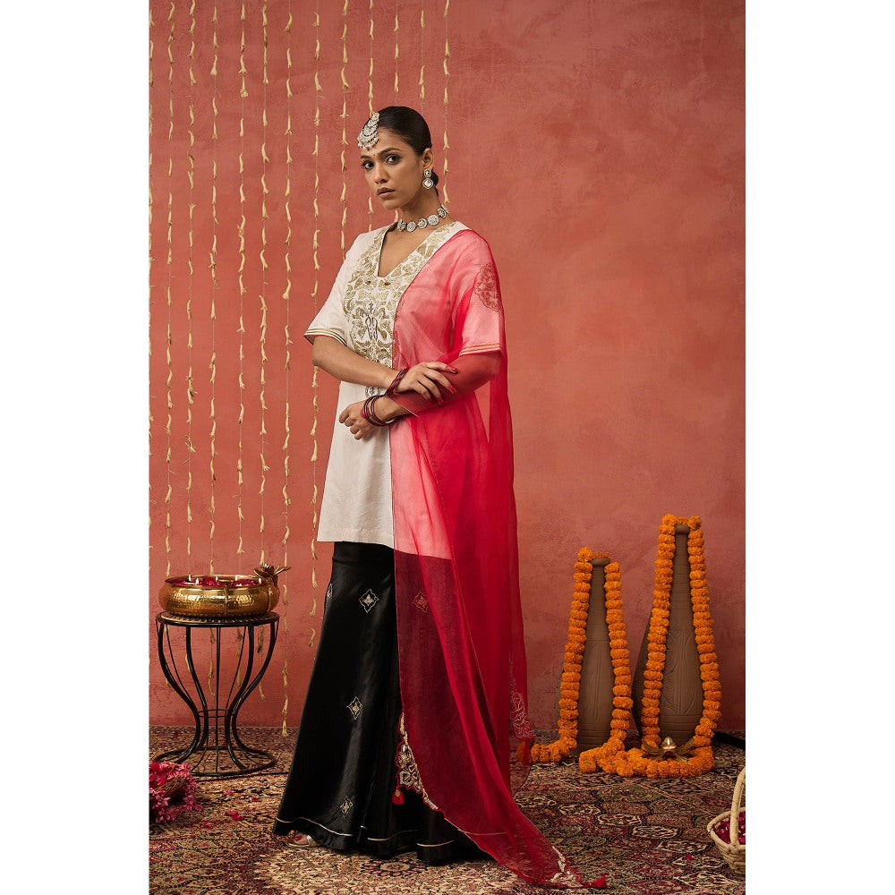 Shivani Bhargava Roli Ivory Silk Embroidered Short Kurta with Sharara and Dupatta (Set of 3)