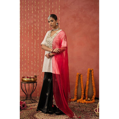 Shivani Bhargava Roli Ivory Silk Embroidered Short Kurta with Sharara and Dupatta (Set of 3)