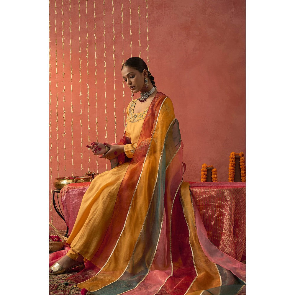 Shivani Bhargava Kumkum Mustard Embroidered Anarkali with Churidar and Dupatta (Set of 3)