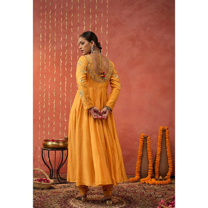 Shivani Bhargava Kumkum Mustard Embroidered Anarkali with Churidar and Dupatta (Set of 3)