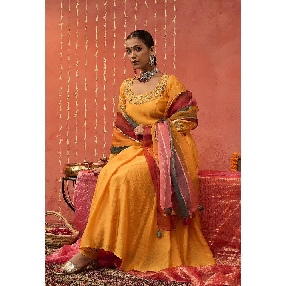 Shivani Bhargava Kumkum Mustard Embroidered Anarkali with Churidar and Dupatta (Set of 3)