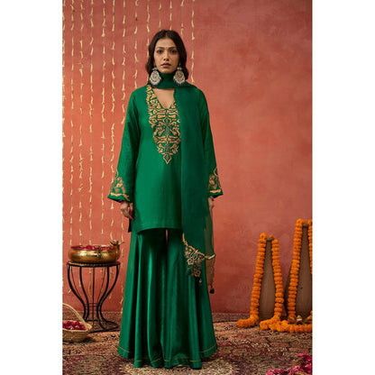 Shivani Bhargava Heena Emerald Silk Embroidered Kurta with Sharara and Dupatta (Set of 3)