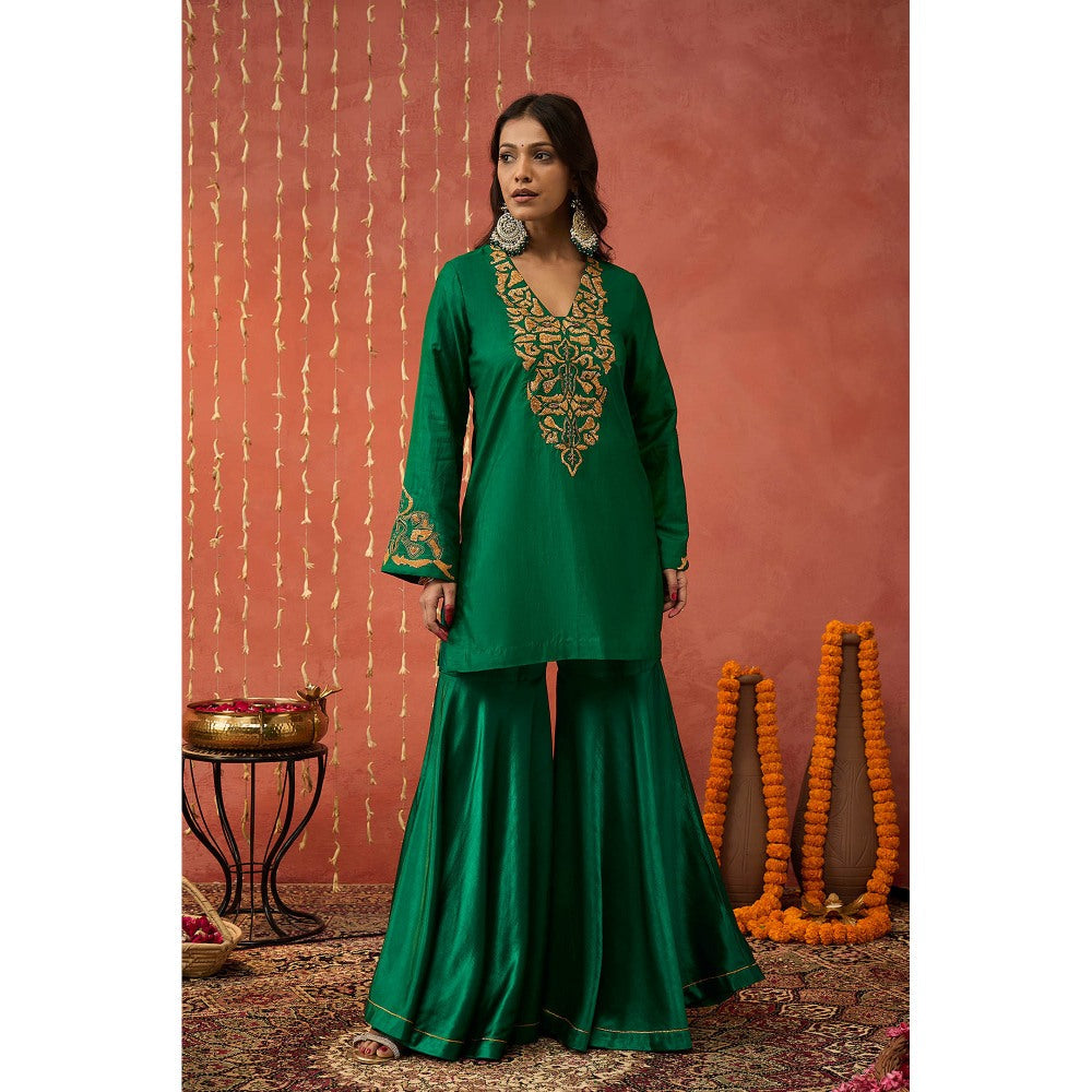 Shivani Bhargava Heena Emerald Silk Embroidered Kurta with Sharara and Dupatta (Set of 3)