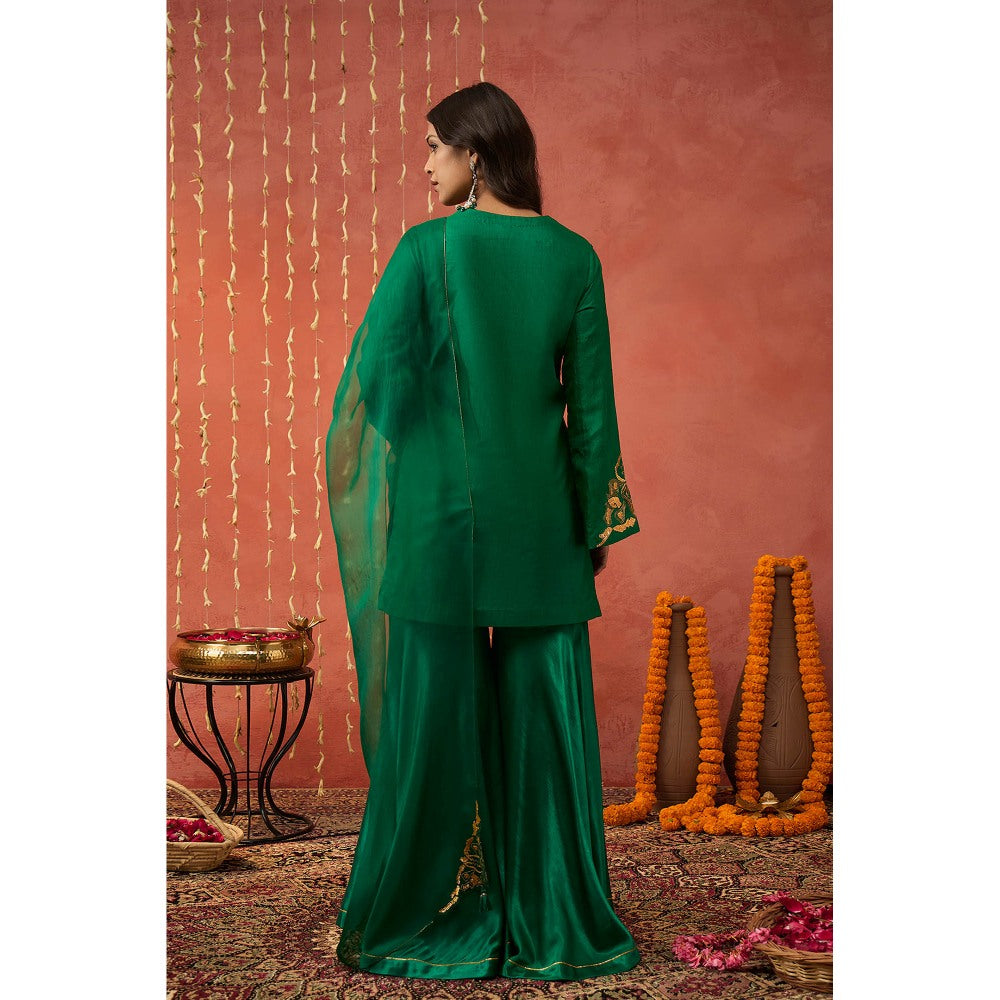 Shivani Bhargava Heena Emerald Silk Embroidered Kurta with Sharara and Dupatta (Set of 3)