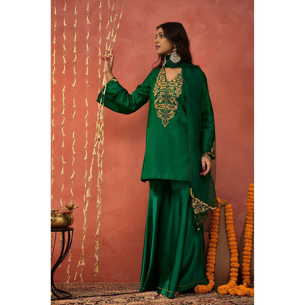 Shivani Bhargava Heena Emerald Silk Embroidered Kurta with Sharara and Dupatta (Set of 3)