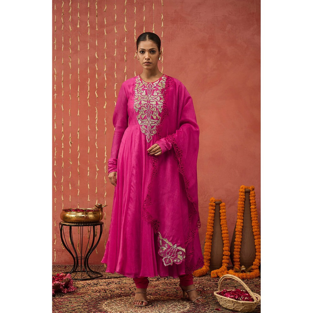 Shivani Bhargava Shubha Fuchsia Pink Embroidered Anarkali with Churidar and Dupatta (Set of 3)
