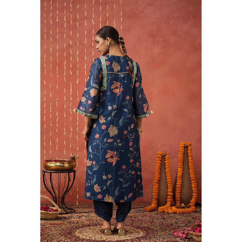 Shivani Bhargava Raman I Blue Chintz Long Kurta with Dhoti and Dupatta (Set of 3)