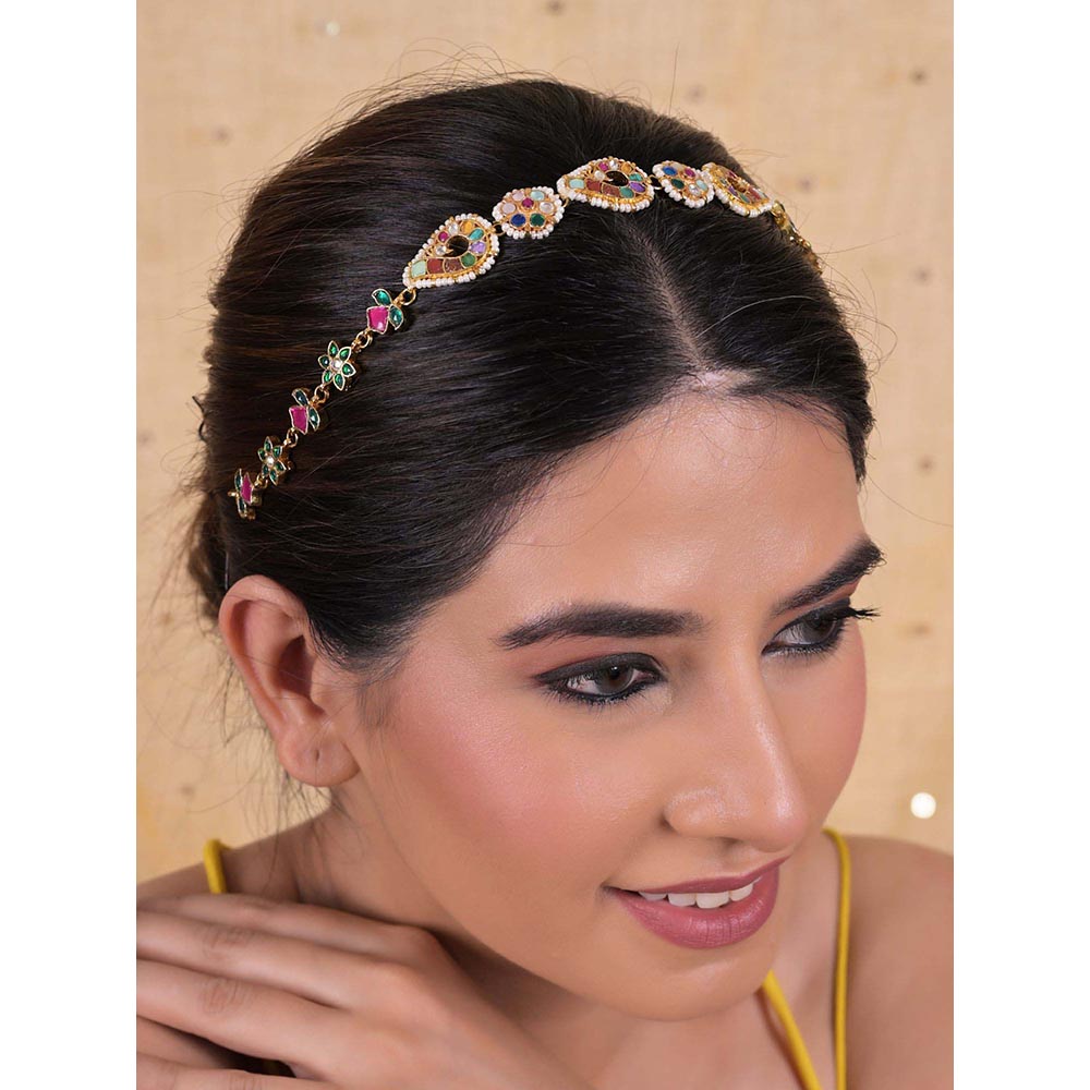 Shlok Jewels Women Multi-Color 18K Gold Plated Jadau Kundan Mathapatti