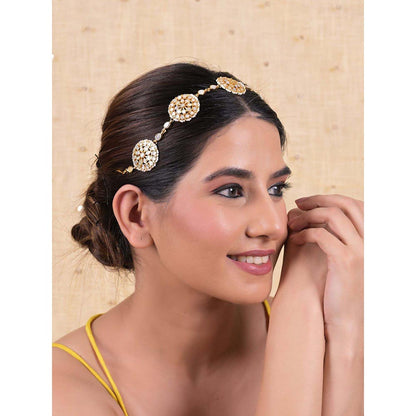 Shlok Jewels Women White 18K Gold Plated Kundan Pearl Mathapatti