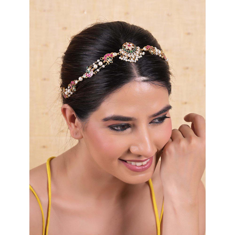 Shlok Jewels Women Multi-Color 18K Gold Plated Jadau Kundan Mathapatti