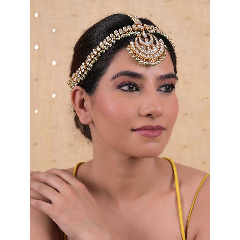 Shlok Jewels Women White 18K Gold Plated Jadau Kundan Mathapatti