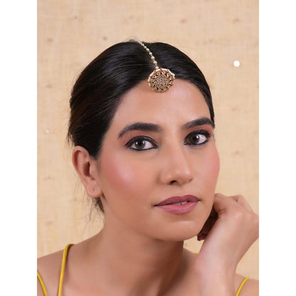 Shlok Jewels Women White 18K Gold Plated Jadau Kundan Borla Maangtikka