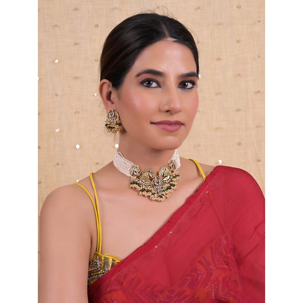 Shlok Jewels Women Green 18K Gold Plated Pearl Jadau Kundan Choker Set