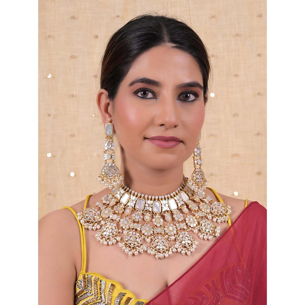 Shlok Jewels Women White 18K Gold Plated Pearl Necklace Set