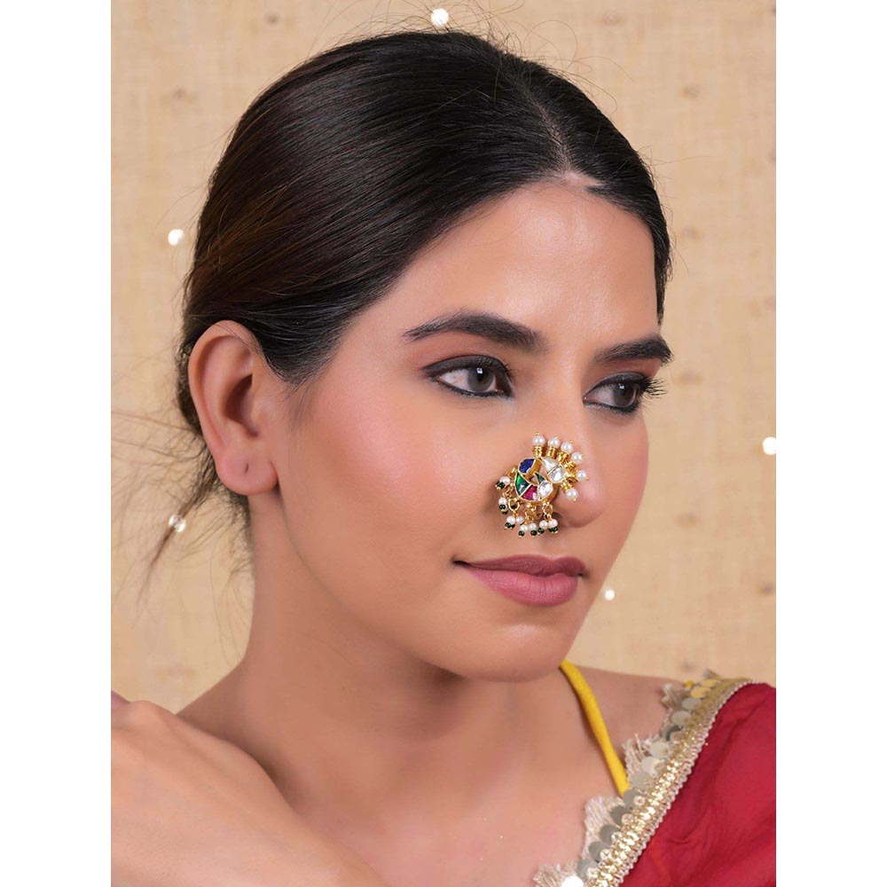 Shlok Jewels Women Multi-Color 18K Gold Plated Jadau Kundan Nose Pin
