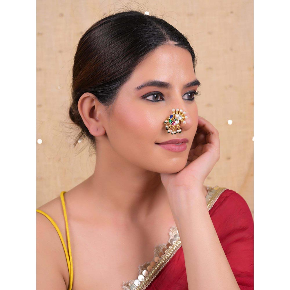 Shlok Jewels Women Multi-Color 18K Gold Plated Jadau Kundan Nose Pin