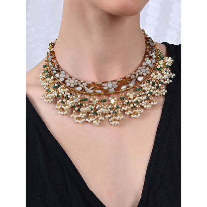 Shlok Jewels Women Green and White 18K Gold Plated Pearl Necklace Set