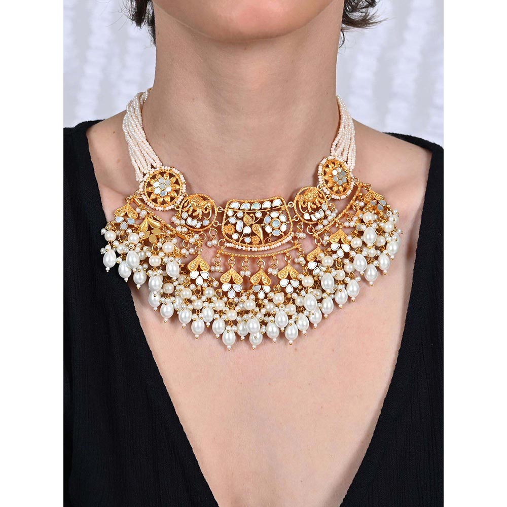 Shlok Jewels Women White 18K Gold Pearl Necklace Set