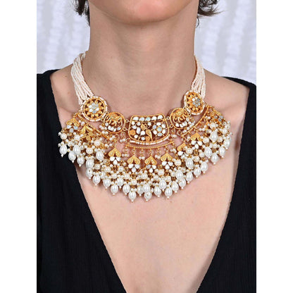 Shlok Jewels Women White 18K Gold Pearl Necklace Set