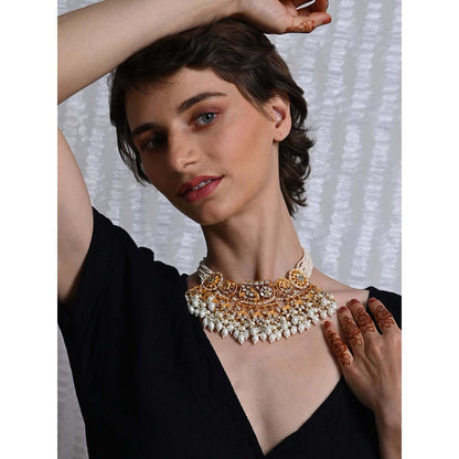 Shlok Jewels Women White 18K Gold Pearl Necklace Set