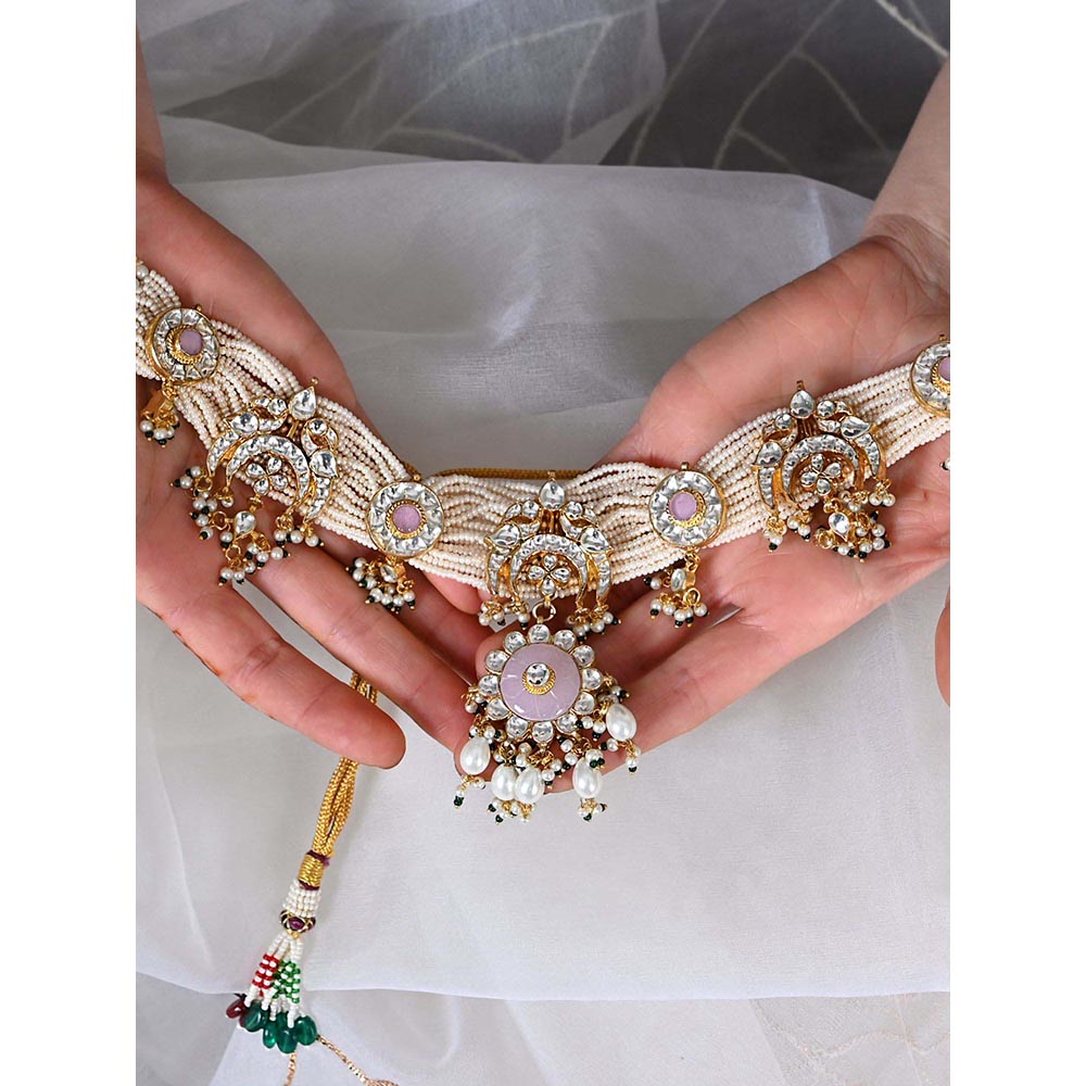 Shlok Jewels Women Pink 18K Gold Plated Pearl Jadau Kundan Necklace Set