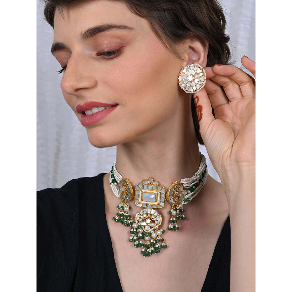 Shlok Jewels Women Green 18K Gold Plated Pearl Choker Set