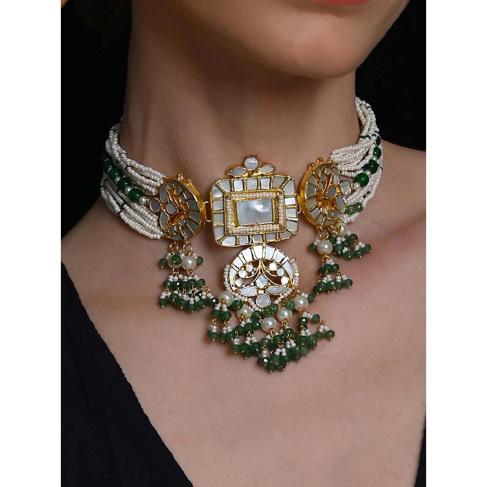 Shlok Jewels Women Green 18K Gold Plated Pearl Choker Set