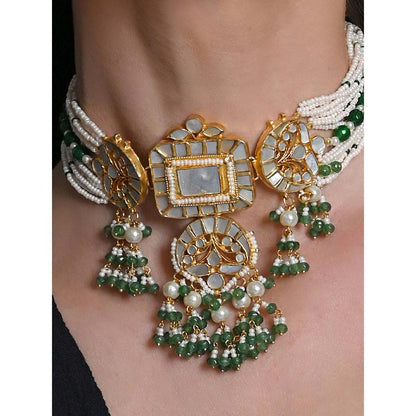 Shlok Jewels Women Green 18K Gold Plated Pearl Choker Set