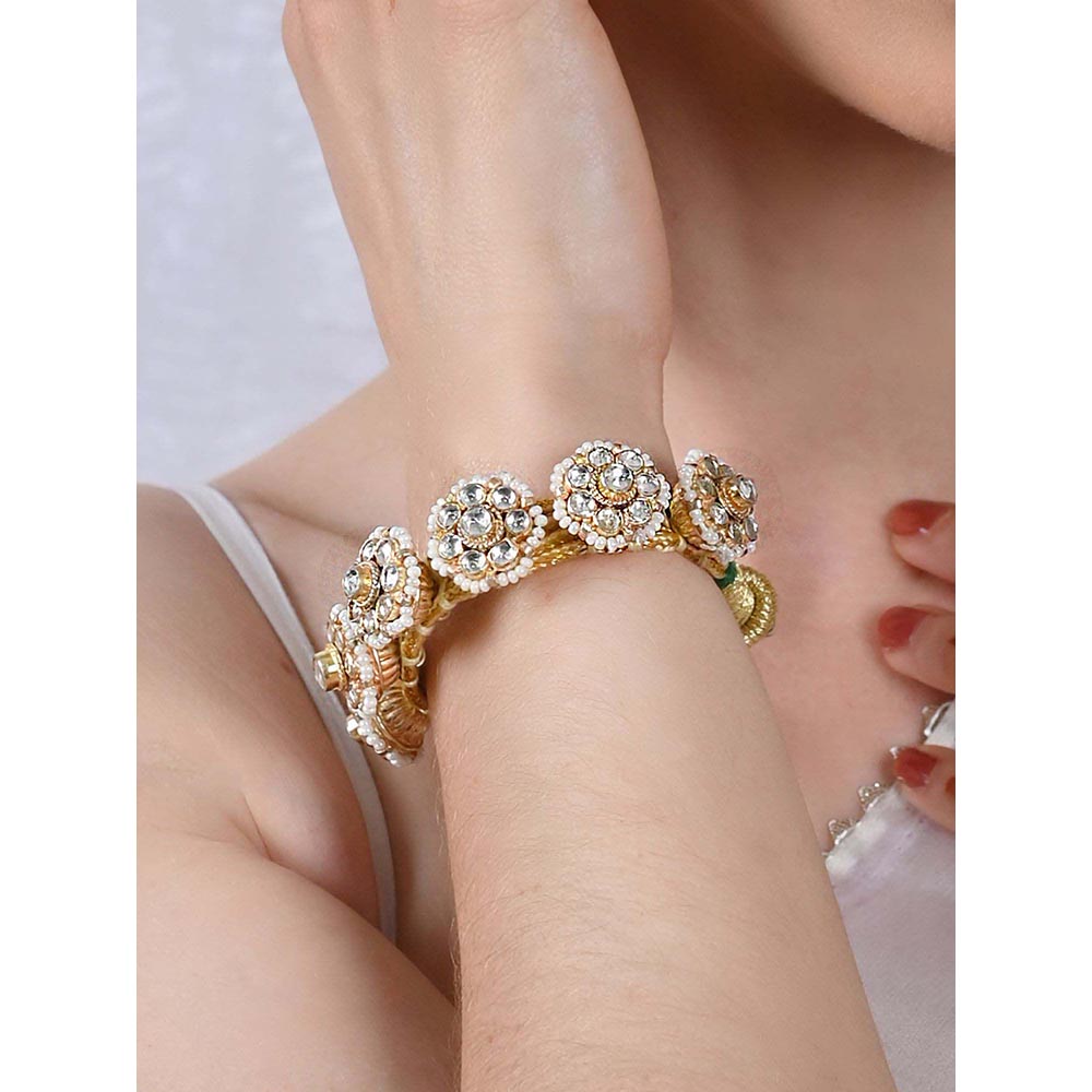 Shlok Jewels Women White 18K Gold Plated Jadau Kundan Pochi Bracelet